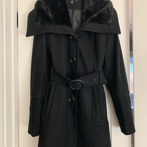Black faux fur collar belted pea coat Women’s - M - Picture 5 of 5